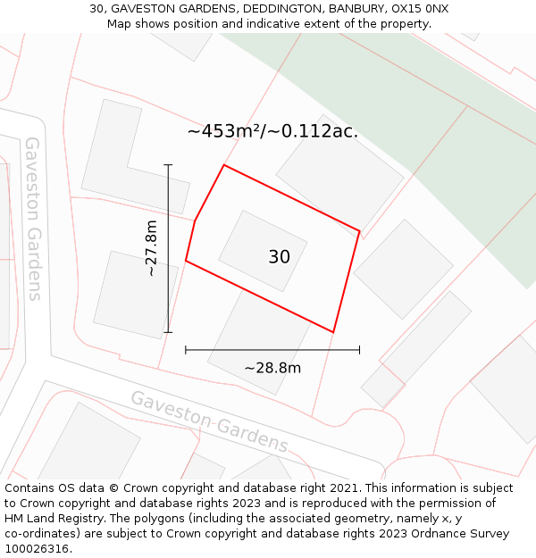 30, GAVESTON GARDENS, DEDDINGTON, BANBURY, OX15 0NX: Plot and title map