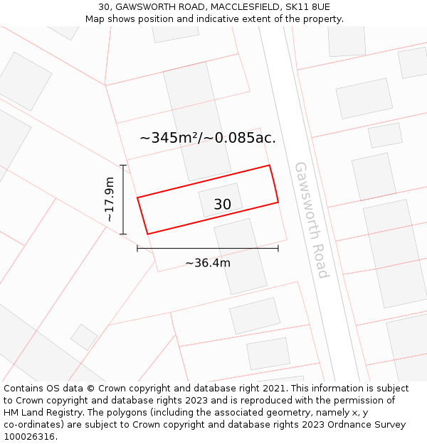 30, GAWSWORTH ROAD, MACCLESFIELD, SK11 8UE: Plot and title map