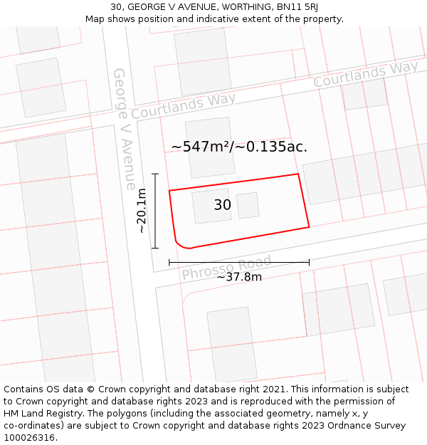 30, GEORGE V AVENUE, WORTHING, BN11 5RJ: Plot and title map