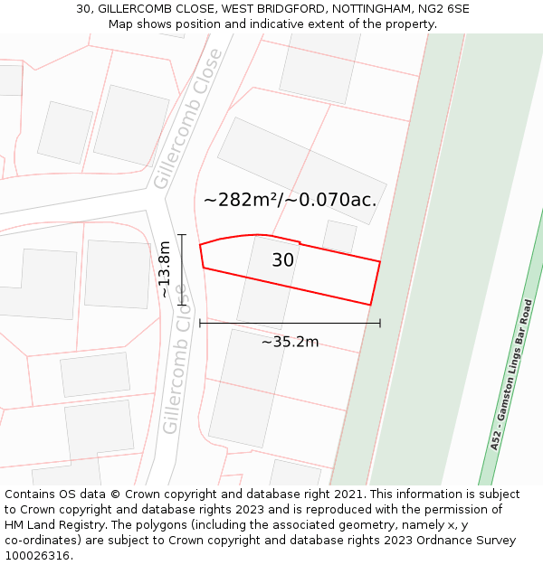 30, GILLERCOMB CLOSE, WEST BRIDGFORD, NOTTINGHAM, NG2 6SE: Plot and title map