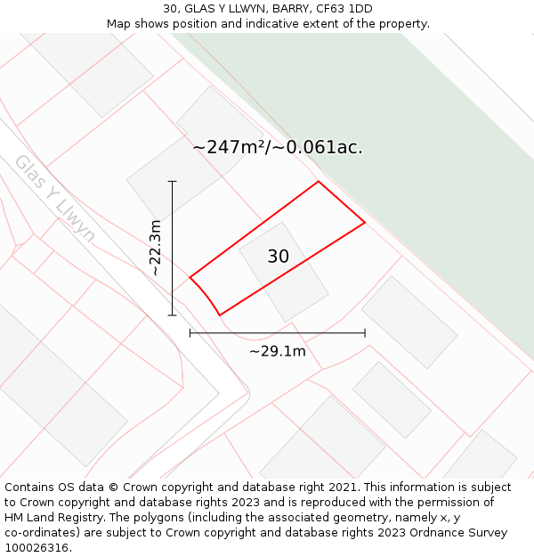 30, GLAS Y LLWYN, BARRY, CF63 1DD: Plot and title map