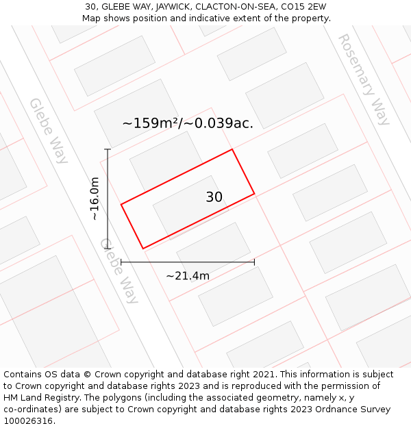 30, GLEBE WAY, JAYWICK, CLACTON-ON-SEA, CO15 2EW: Plot and title map