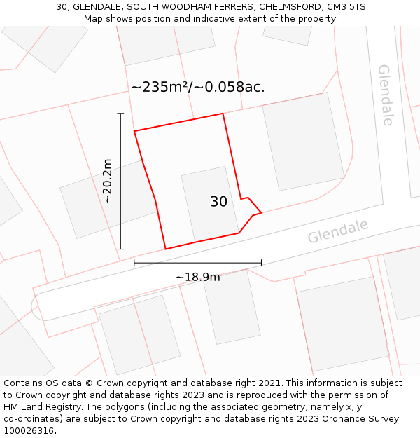 30, GLENDALE, SOUTH WOODHAM FERRERS, CHELMSFORD, CM3 5TS: Plot and title map