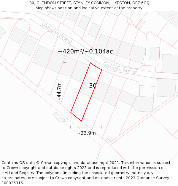 30, GLENDON STREET, STANLEY COMMON, ILKESTON, DE7 6GQ: Plot and title map