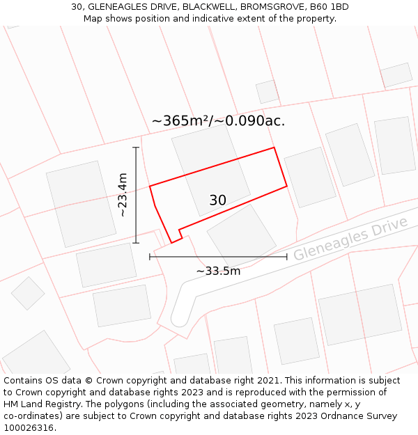 30, GLENEAGLES DRIVE, BLACKWELL, BROMSGROVE, B60 1BD: Plot and title map