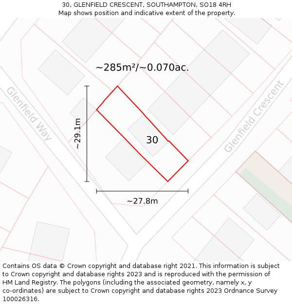 30, GLENFIELD CRESCENT, SOUTHAMPTON, SO18 4RH: Plot and title map