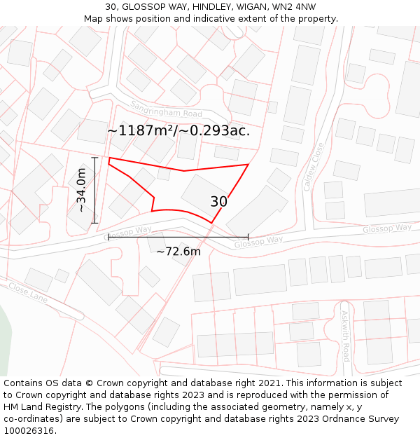 30, GLOSSOP WAY, HINDLEY, WIGAN, WN2 4NW: Plot and title map