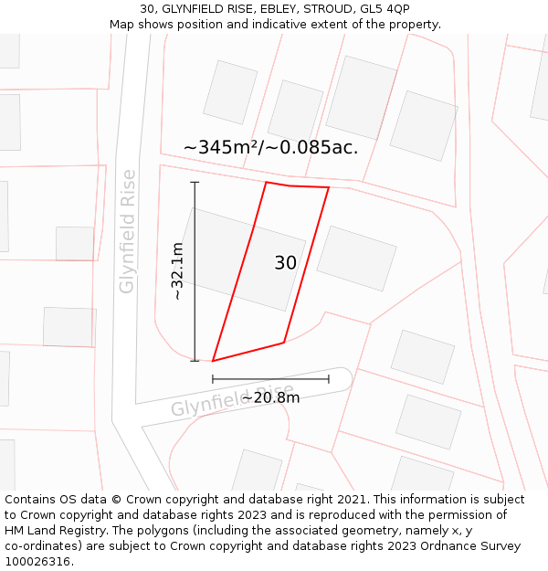 30, GLYNFIELD RISE, EBLEY, STROUD, GL5 4QP: Plot and title map