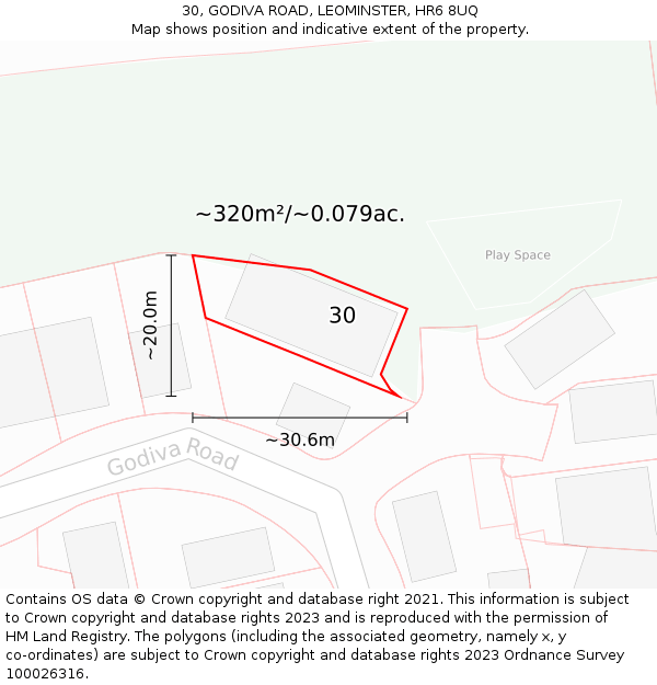 30, GODIVA ROAD, LEOMINSTER, HR6 8UQ: Plot and title map