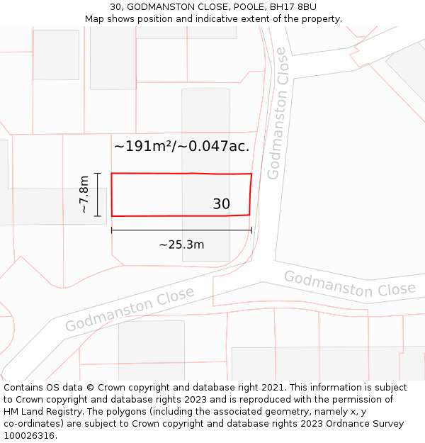 30, GODMANSTON CLOSE, POOLE, BH17 8BU: Plot and title map