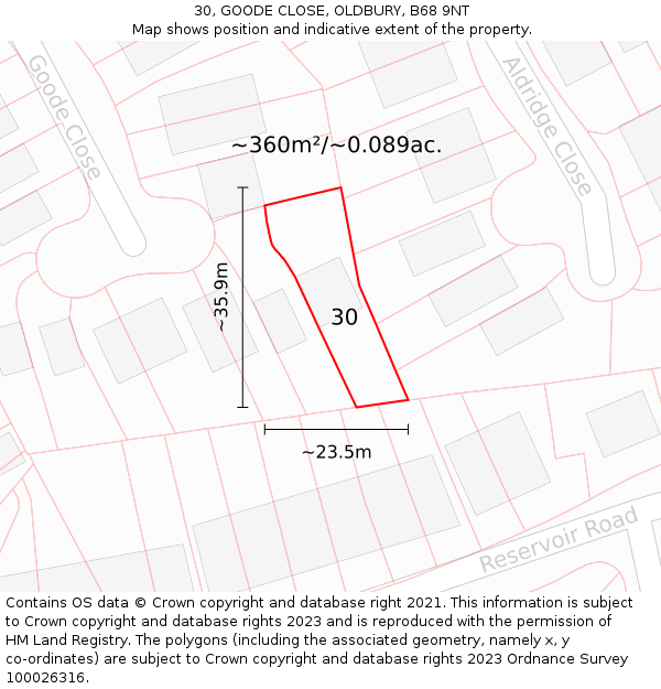 30, GOODE CLOSE, OLDBURY, B68 9NT: Plot and title map