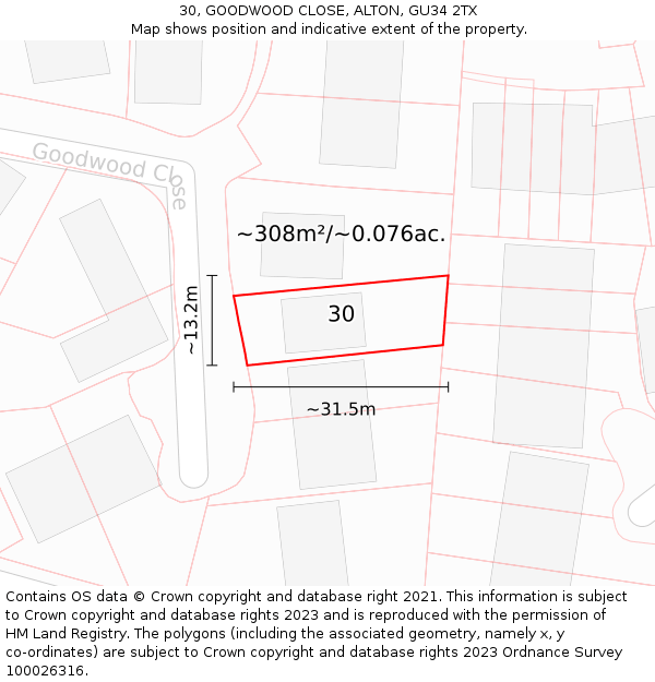 30, GOODWOOD CLOSE, ALTON, GU34 2TX: Plot and title map