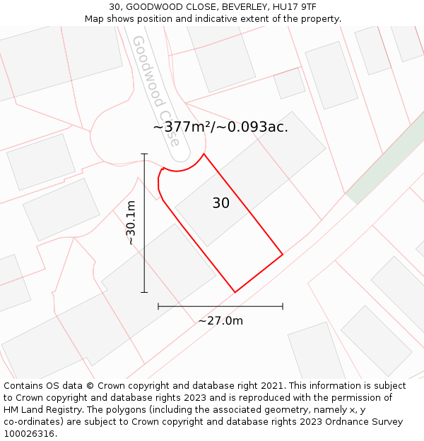 30, GOODWOOD CLOSE, BEVERLEY, HU17 9TF: Plot and title map