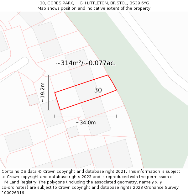 30, GORES PARK, HIGH LITTLETON, BRISTOL, BS39 6YG: Plot and title map