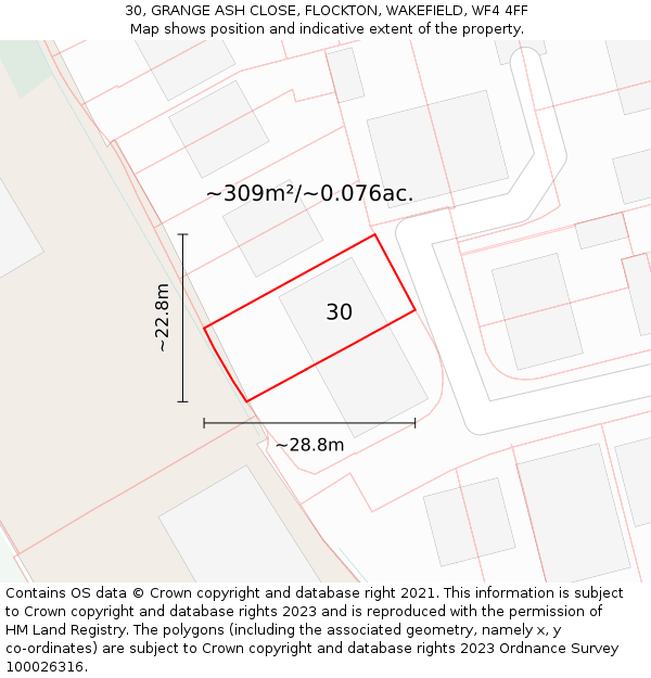 30, GRANGE ASH CLOSE, FLOCKTON, WAKEFIELD, WF4 4FF: Plot and title map