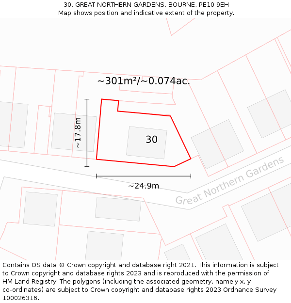 30, GREAT NORTHERN GARDENS, BOURNE, PE10 9EH: Plot and title map