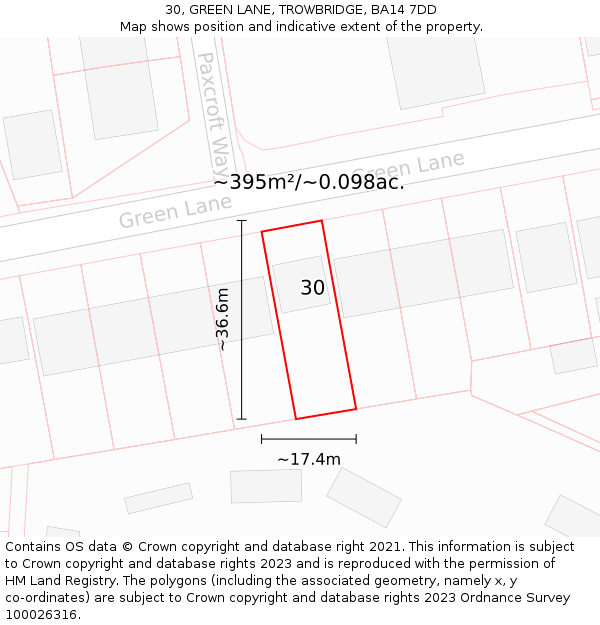30, GREEN LANE, TROWBRIDGE, BA14 7DD: Plot and title map