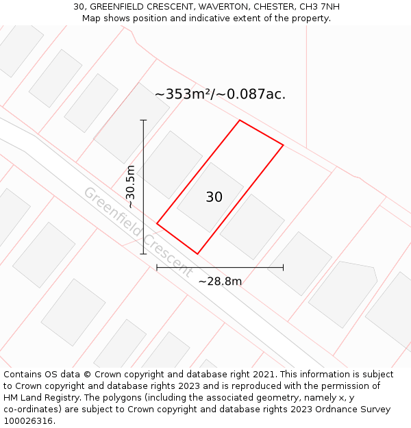 30, GREENFIELD CRESCENT, WAVERTON, CHESTER, CH3 7NH: Plot and title map