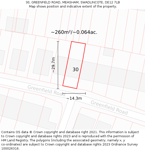 30, GREENFIELD ROAD, MEASHAM, SWADLINCOTE, DE12 7LB: Plot and title map