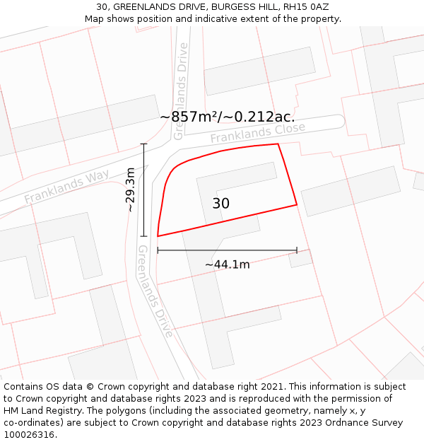 30, GREENLANDS DRIVE, BURGESS HILL, RH15 0AZ: Plot and title map