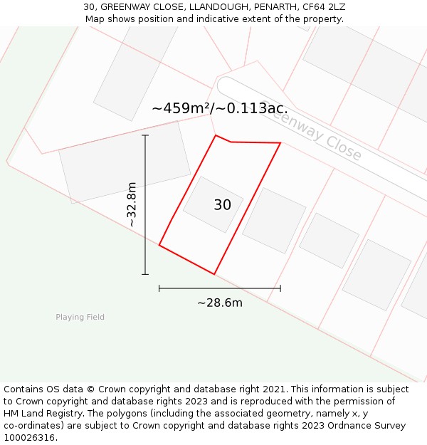 30, GREENWAY CLOSE, LLANDOUGH, PENARTH, CF64 2LZ: Plot and title map
