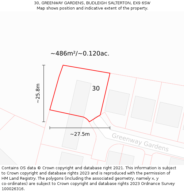 30, GREENWAY GARDENS, BUDLEIGH SALTERTON, EX9 6SW: Plot and title map