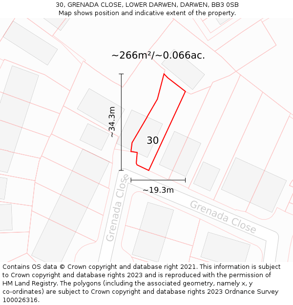 30, GRENADA CLOSE, LOWER DARWEN, DARWEN, BB3 0SB: Plot and title map