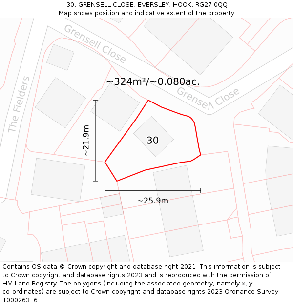 30, GRENSELL CLOSE, EVERSLEY, HOOK, RG27 0QQ: Plot and title map