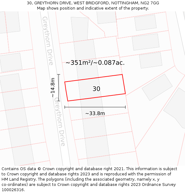 30, GREYTHORN DRIVE, WEST BRIDGFORD, NOTTINGHAM, NG2 7GG: Plot and title map