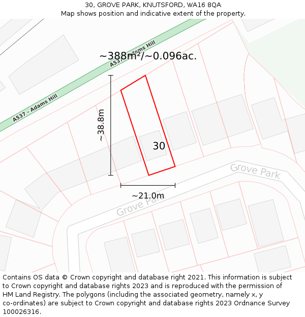 30, GROVE PARK, KNUTSFORD, WA16 8QA: Plot and title map