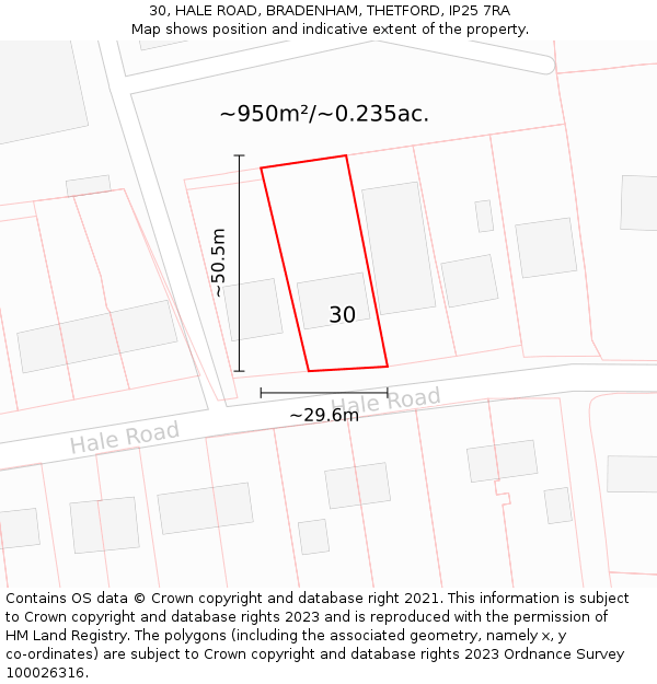 30, HALE ROAD, BRADENHAM, THETFORD, IP25 7RA: Plot and title map