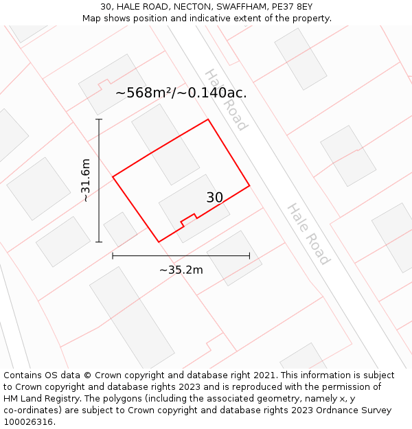 30, HALE ROAD, NECTON, SWAFFHAM, PE37 8EY: Plot and title map