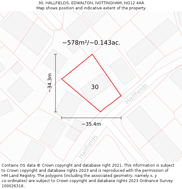 30, HALLFIELDS, EDWALTON, NOTTINGHAM, NG12 4AA: Plot and title map