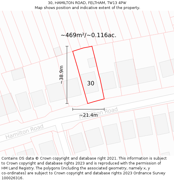 30, HAMILTON ROAD, FELTHAM, TW13 4PW: Plot and title map