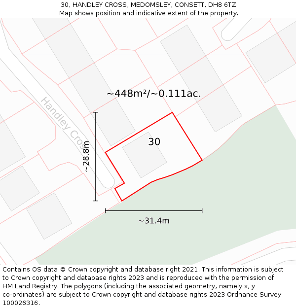 30, HANDLEY CROSS, MEDOMSLEY, CONSETT, DH8 6TZ: Plot and title map