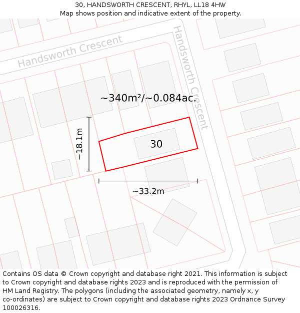 30, HANDSWORTH CRESCENT, RHYL, LL18 4HW: Plot and title map