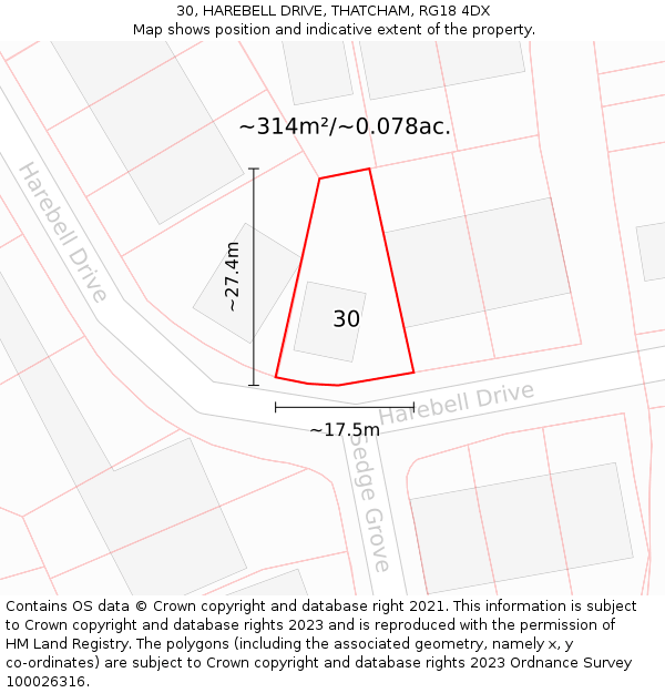 30, HAREBELL DRIVE, THATCHAM, RG18 4DX: Plot and title map