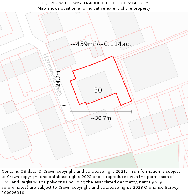 30, HAREWELLE WAY, HARROLD, BEDFORD, MK43 7DY: Plot and title map