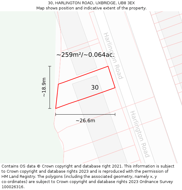 30, HARLINGTON ROAD, UXBRIDGE, UB8 3EX: Plot and title map