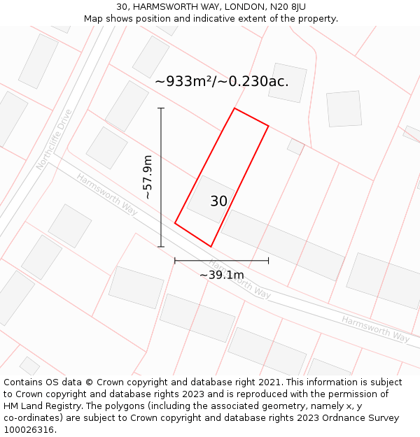 30, HARMSWORTH WAY, LONDON, N20 8JU: Plot and title map