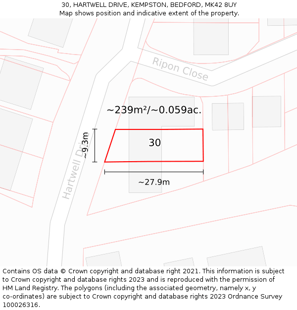 30, HARTWELL DRIVE, KEMPSTON, BEDFORD, MK42 8UY: Plot and title map