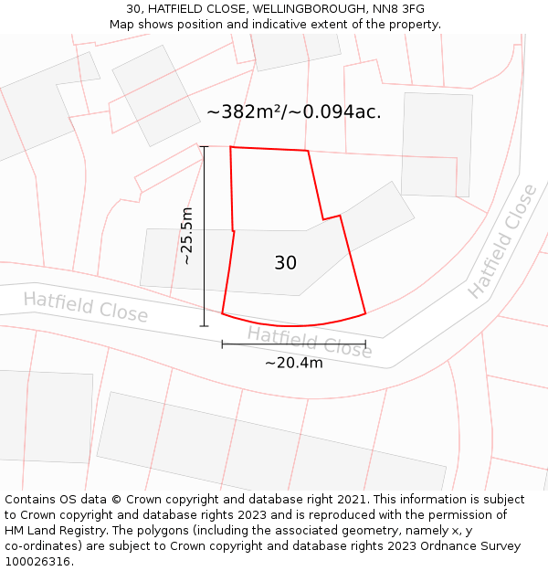 30, HATFIELD CLOSE, WELLINGBOROUGH, NN8 3FG: Plot and title map