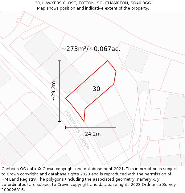 30, HAWKERS CLOSE, TOTTON, SOUTHAMPTON, SO40 3GG: Plot and title map