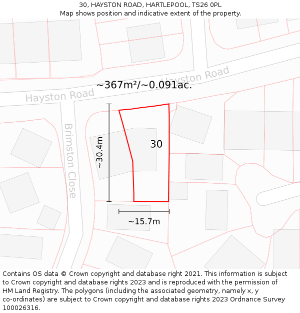 30, HAYSTON ROAD, HARTLEPOOL, TS26 0PL: Plot and title map