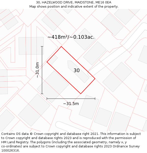 30, HAZELWOOD DRIVE, MAIDSTONE, ME16 0EA: Plot and title map