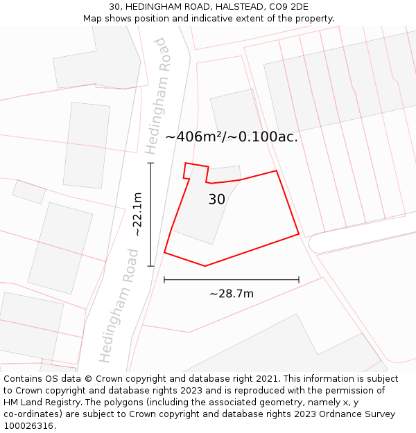 30, HEDINGHAM ROAD, HALSTEAD, CO9 2DE: Plot and title map