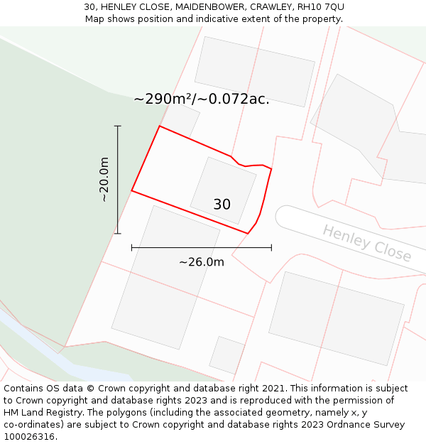 30, HENLEY CLOSE, MAIDENBOWER, CRAWLEY, RH10 7QU: Plot and title map