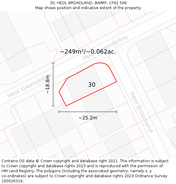 30, HEOL BROADLAND, BARRY, CF62 5AE: Plot and title map