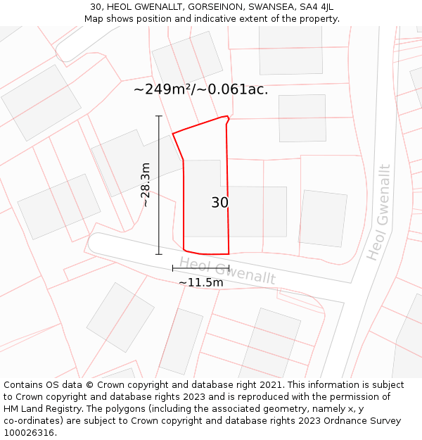 30, HEOL GWENALLT, GORSEINON, SWANSEA, SA4 4JL: Plot and title map