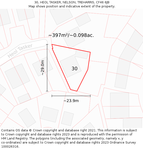 30, HEOL TASKER, NELSON, TREHARRIS, CF46 6JB: Plot and title map